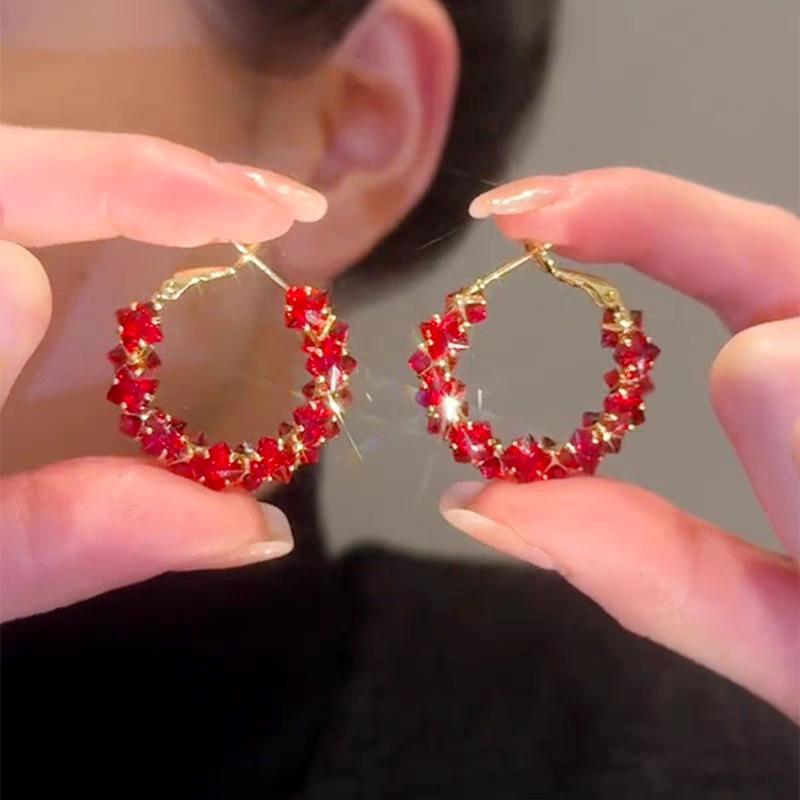 Silver needle red crystal zircon earrings women, temperament geometric round earrings earrings 925 silver needle