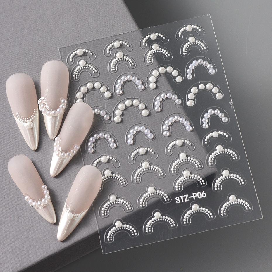 Weiße 5D-Simulationsperlen-Wellenlinien-Nagelkunstaufkleber, elegante, exquisite Nageldekorationsaufkleber, selbstklebende Transferschieber-Maniküre