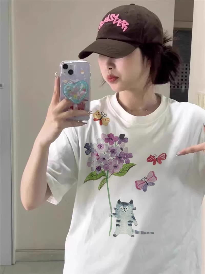 

Women s Kitten Print Oversized Short-Sleeve Cotton T-Shirt - 2025 Summer Style XXL