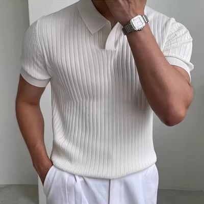 2025 Summer Men Retro Knit Lapel Striped Polo Shirt Men Solid Color Short Sleeve T-Shirts Male Light Luxury Knitwear Polo Shirts