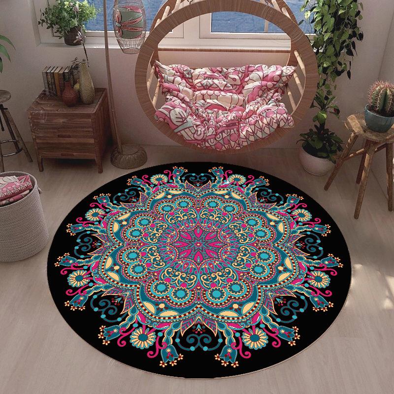 Colorful Flower Round Carpet Maximalism Artistic Home Decor Mat Boho Style Non-Slip Rug for Living Room Terrace Bay Window