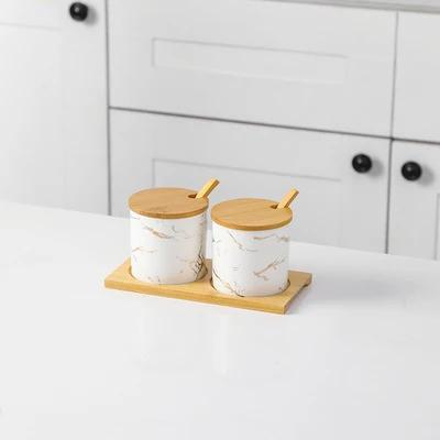 Kitchen seasoning tools ceramic seasoning jar set marble pattern cruet bamboo tray kitchen supplies seasoning box salt shaker