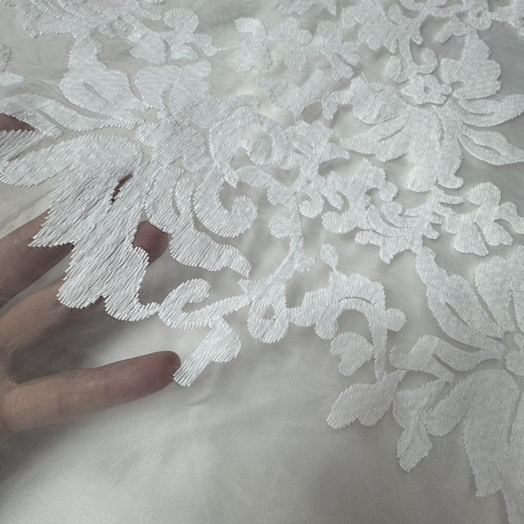 White large flower embroidered organza fabric suitable for wedding dresses formal gowns and designer clothing fabrics