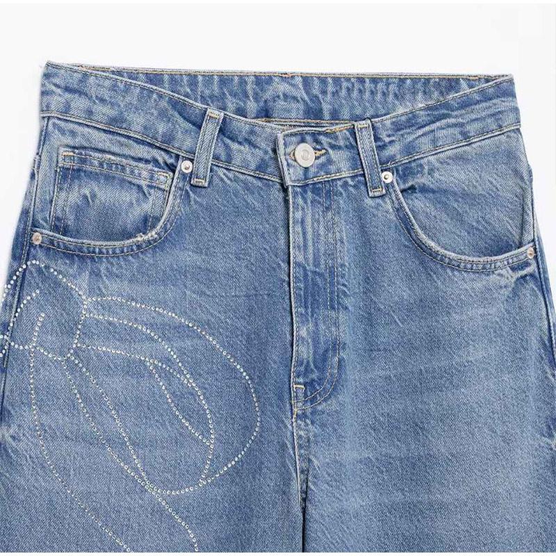 Women's Fashion Slim Fit High Waist Denim Pant Rhinestone Embellished Jeans Street Blue Wash Solid Color Casual Wide Leg Jean 2025 Spring