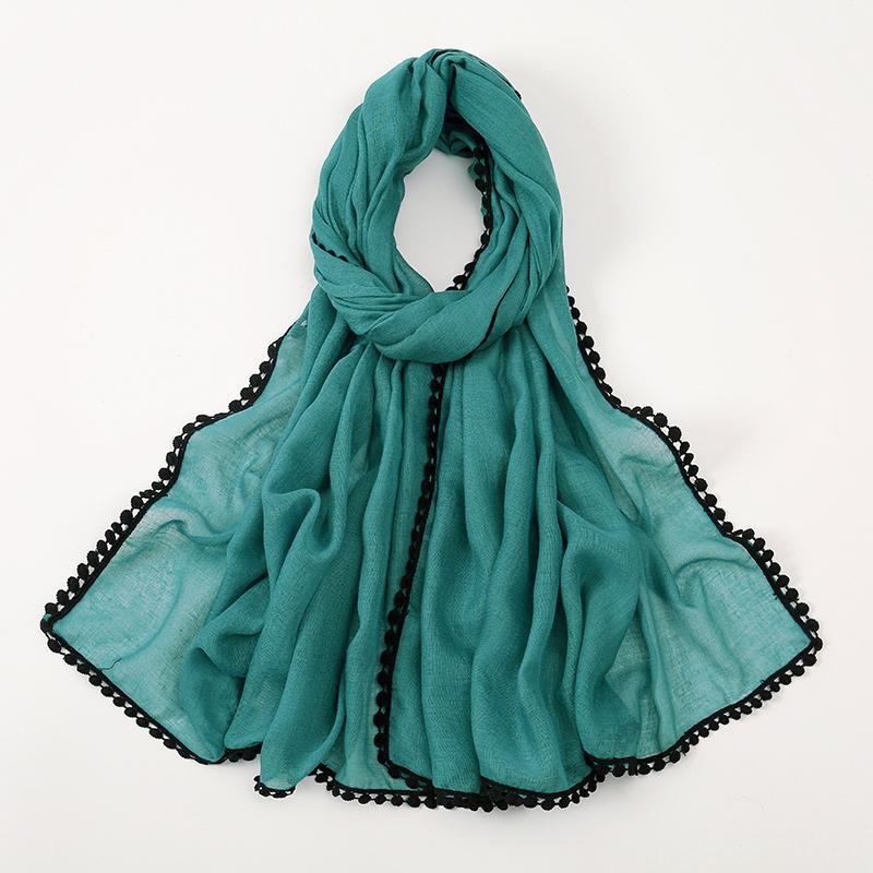 Winter Plain Solid Lace Chain Pom Pom Viscose Shawls Scarf Lady High Quality Wrap Pashmina Stole Bufandas Muslim Hijab 180*90Cm