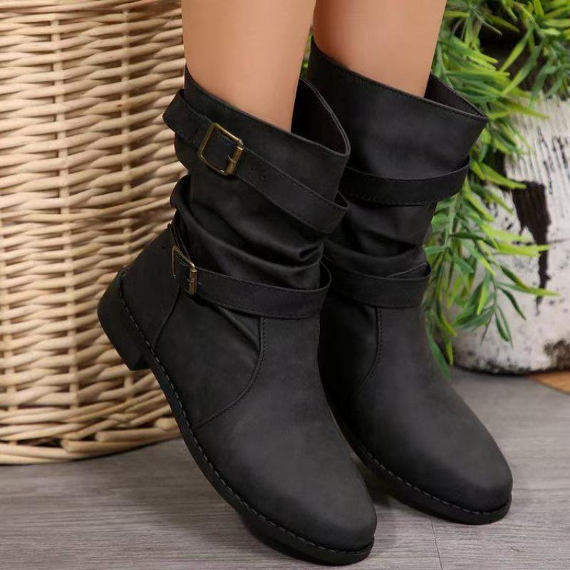Autumn And Winter New Large-size Fashion Niche Korean Version British Style Low-heeled Retro Fashion Boots Medium Boots