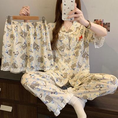 Cartoon Soft Cute Bear Short-sleeved Women's Pajamas Summer Thin Imitation Cotton Edge Three-piece Loungewear