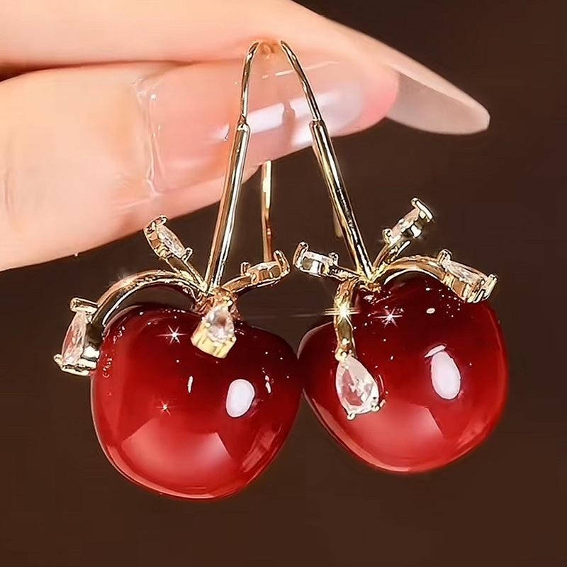 Autumn and Winter Retro Zircon Bow Resin Cherry Earrings, Earrings, Exquisite Niche Earrings.
