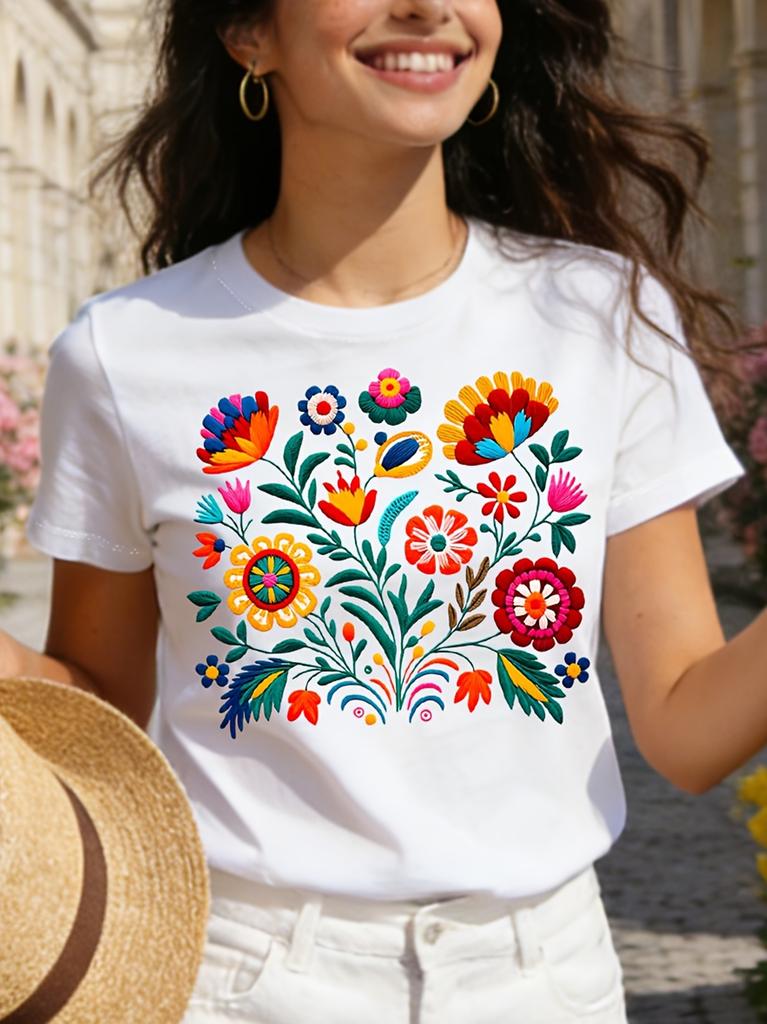 Mexican Embroidery Floral Women's Tee - Vibrant Folk Art Graphic, Casual Black Top