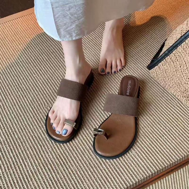 YinMan~ French Set of Toe Slope Heel Cool Slippers Summer Wear Holiday Beach Heightening Toe Slippers Flat Bottom