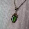 Gothic Bronze Pendant Necklace With Green Stone And Cross Chain For Women