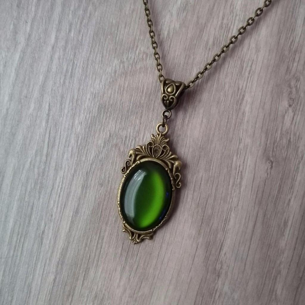 Gothic Bronze Pendant Necklace With Green Stone And Cross Chain For Women