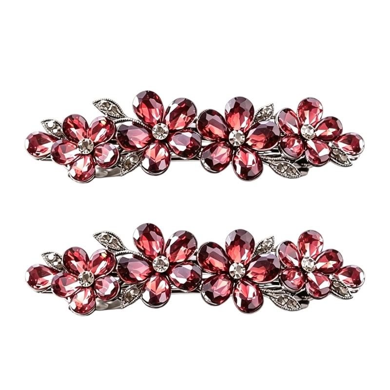 2-Piece Spring Hair Barrette Set Hairpin with Faceted Flowers and Leaf Trim for Holiday, Wedding and Stage Hairstyles