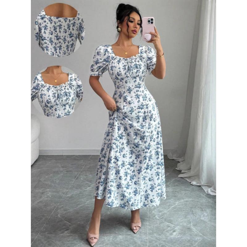 European floral print bubble sleeve dress women s 2026 summer new thin lace-up skirt S