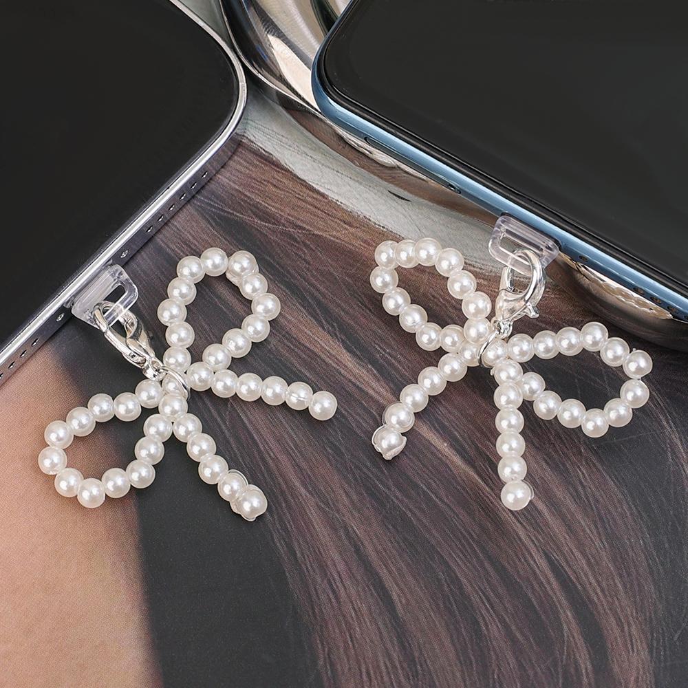 Pearl Bowknot Mobile Phone Dust Plugs DIY Anti Dust Charger Port Plugs Protector Pendant Cap for Apple IPhone 14 Android Type C