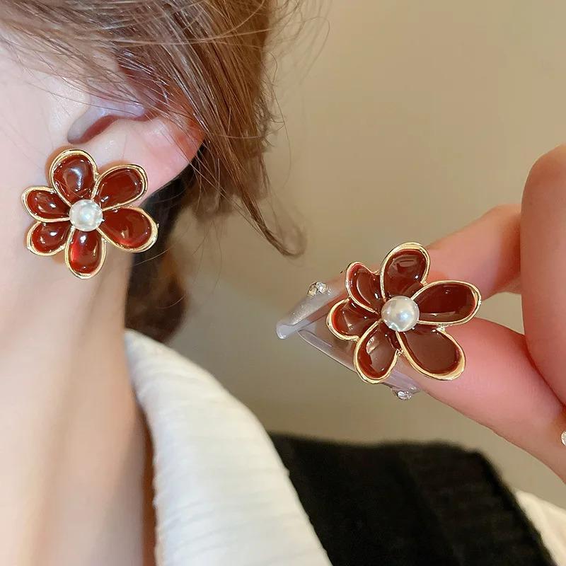 Vintage Smudging Enamel Pearl Drop Glaze Flowers Stud Earrings for Women Multi-colored Fashion Jewelry Accessories