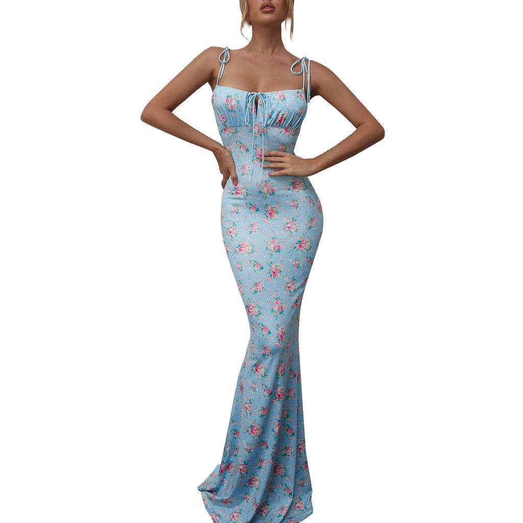 Women's Summer Floral Bodycon Maxi Dress Spaghetti Strap Sleeveless Boho Long Dresses