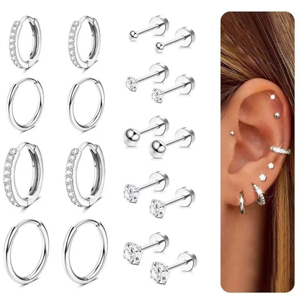 Stainless Steel Circle Huggie Hoop Earrings Set for Women Gold Color Unique Zircon Flower Stud Earring Piercing Jewelry