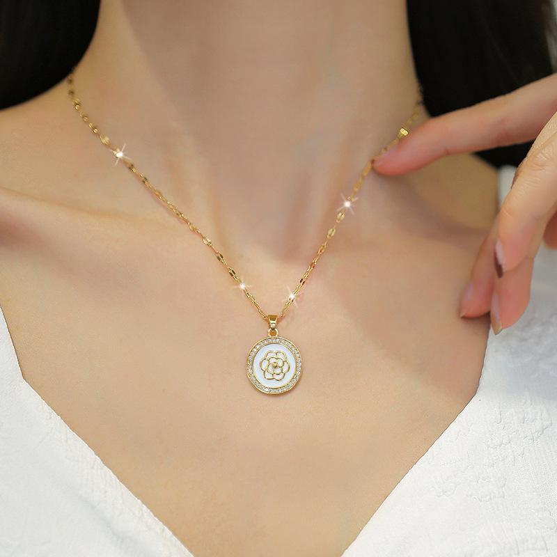 Round Camellia Necklace Earrings Set Light Luxury Micro-Inlaid Personalized Temperament Banquet Ear Decoration Combination