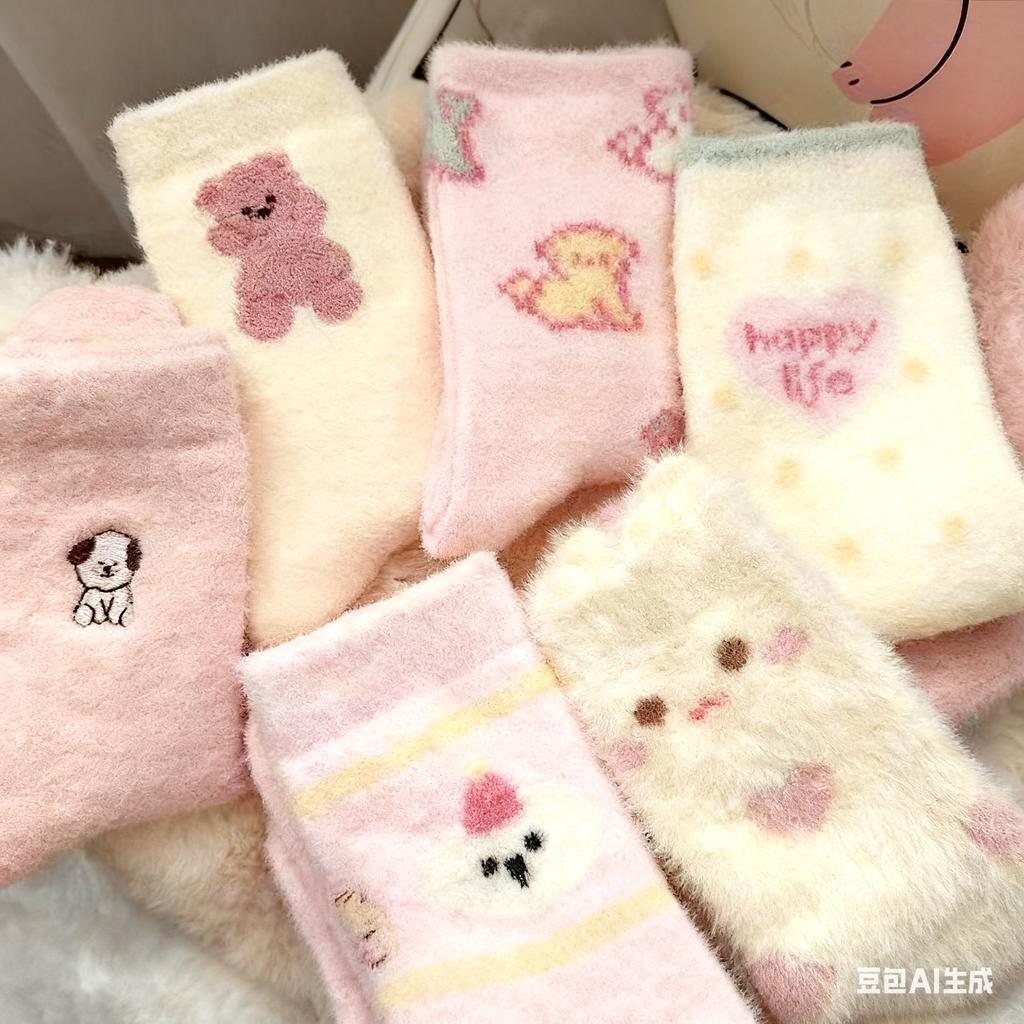 4 Pairs of Socks in Random Colors, Cartoon Pink Series, Thickened Winter Warm Socks, Home Sleep Socks, Autumn and Winter Plush Cute Girl Socks