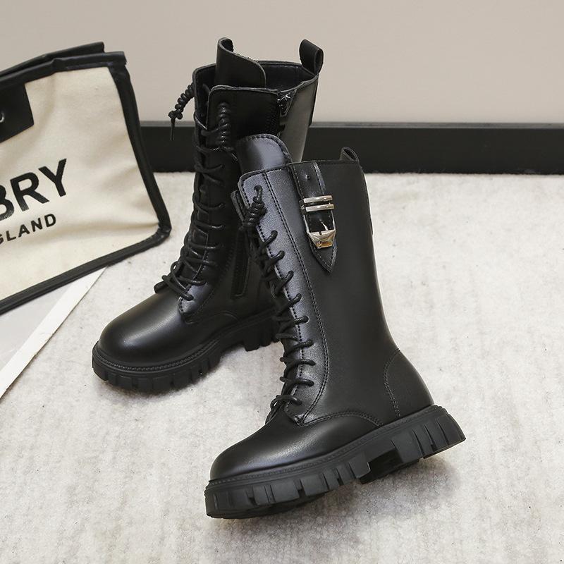 

Черевики для дівчаток Нові осінь і зима Високі чобітки для маленької дівчинки Чорні чобітки принцеси Модельні черевики для подіуму Чоботи для верхової їзди 37