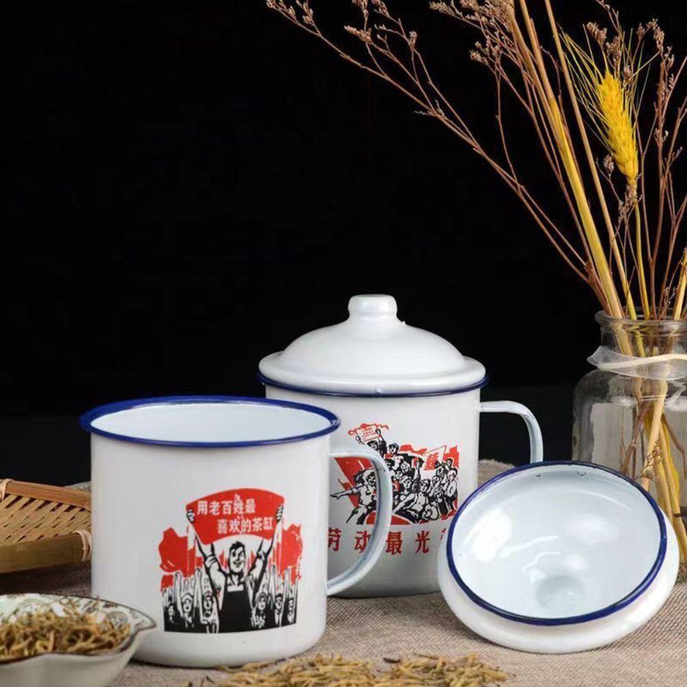 Thickened Nostalgic Enamel Cup with Cover Mug Water Cups Tea Jar Gift