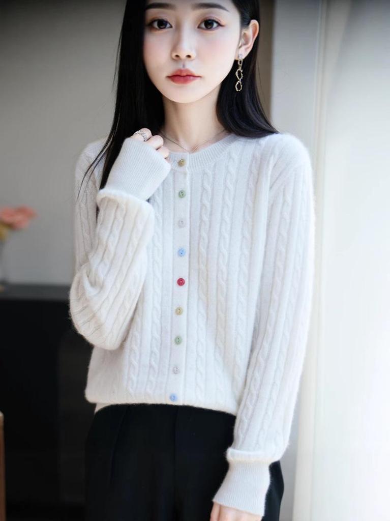 Women's 100% Pure Wool Cardigan with Colorful Buttons, Cable Knit, Loose Fit, Round Neck, Long Sleeve Base Layer Sweater