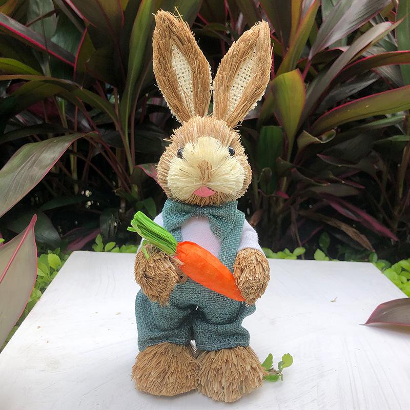 Easter Rabbit Decoration Straw Rabbit Ornament Creative Artificial Bunny Figure 25cm Home Holiday Cute with Flower Wreath