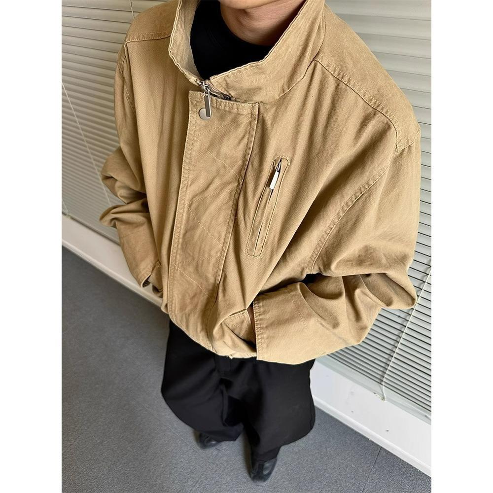 Unisex Harajuku Style Stand-up Collar Jacket - Versatile Solid Color Workwear for Spring/Autumn