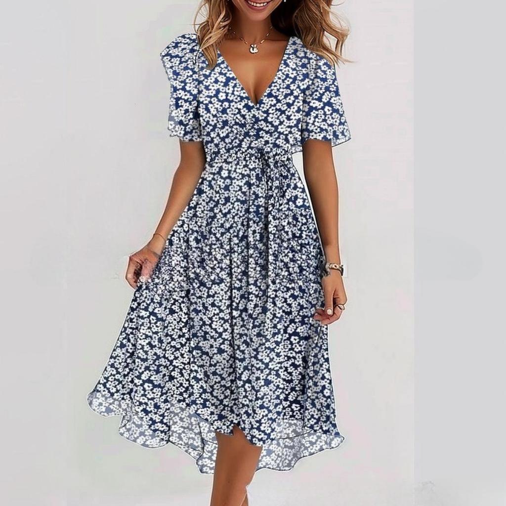Rochie Maxi A-Line de Damă cu Gât Rotund, Mânecă Scurtă, Imprimeu 3D și Finisaj Spălat cu Nisip
