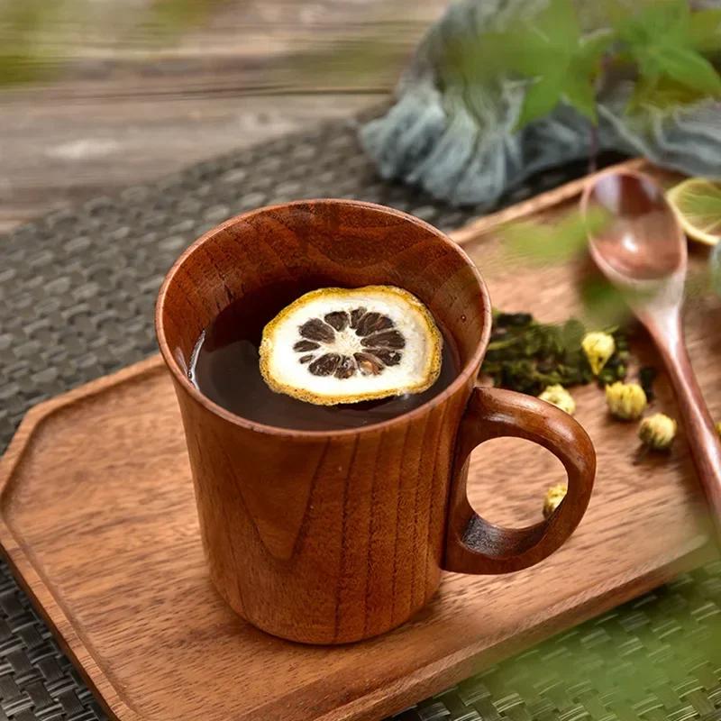 Handmade Wooden Cup Coffee Beer Tea Mugs Big Belly Cup with Handle Retro Teacup Kitchen Bar Cafe Home Office Decoration Supplies