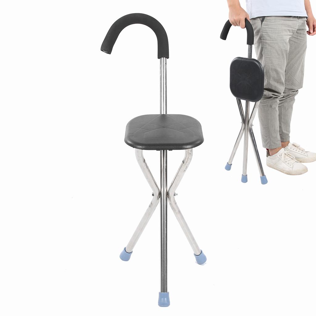 Folding Cane Stool Portable Walking Stick Chair Stainless Steel Elderly Crutch StoolBlack