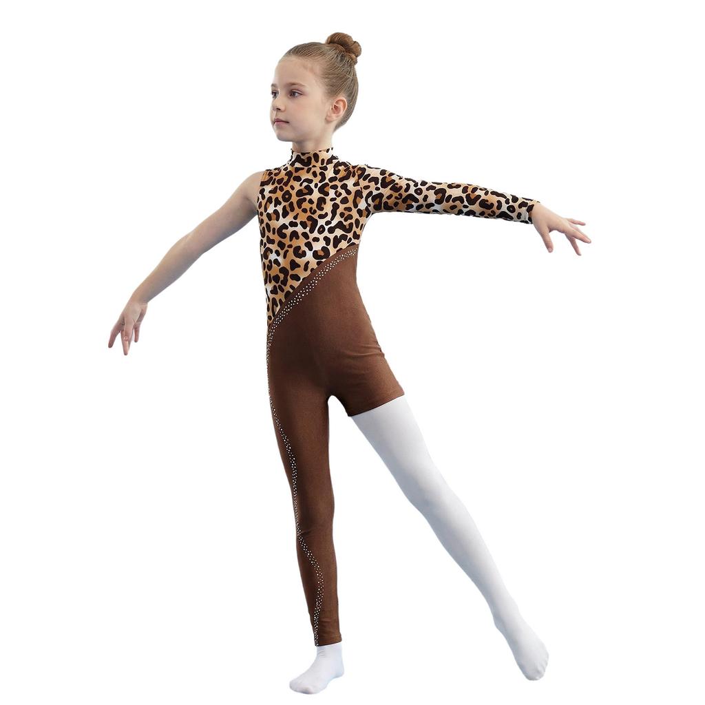 Girls Gymnastics Leotard Sparkly Rhinestone Invisible Zipper Printed Full Length Skating Jumpsuit