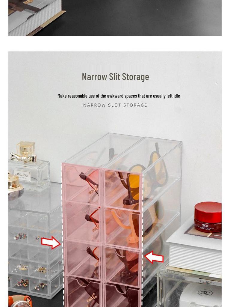 Desktop Eyeglasses & Sunglasses Storage Box - Transparent Divided Drawer Organizer for Cosmetics, Lipstick, and Contact Lenses.