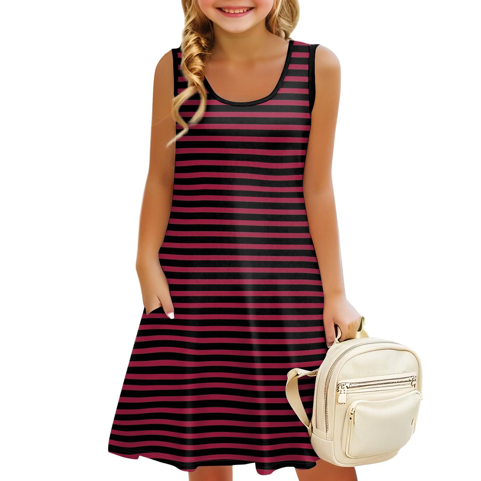 Children s Sleeveless U-neck Summer Striped A-line Casual Holiday Dress 130 винный