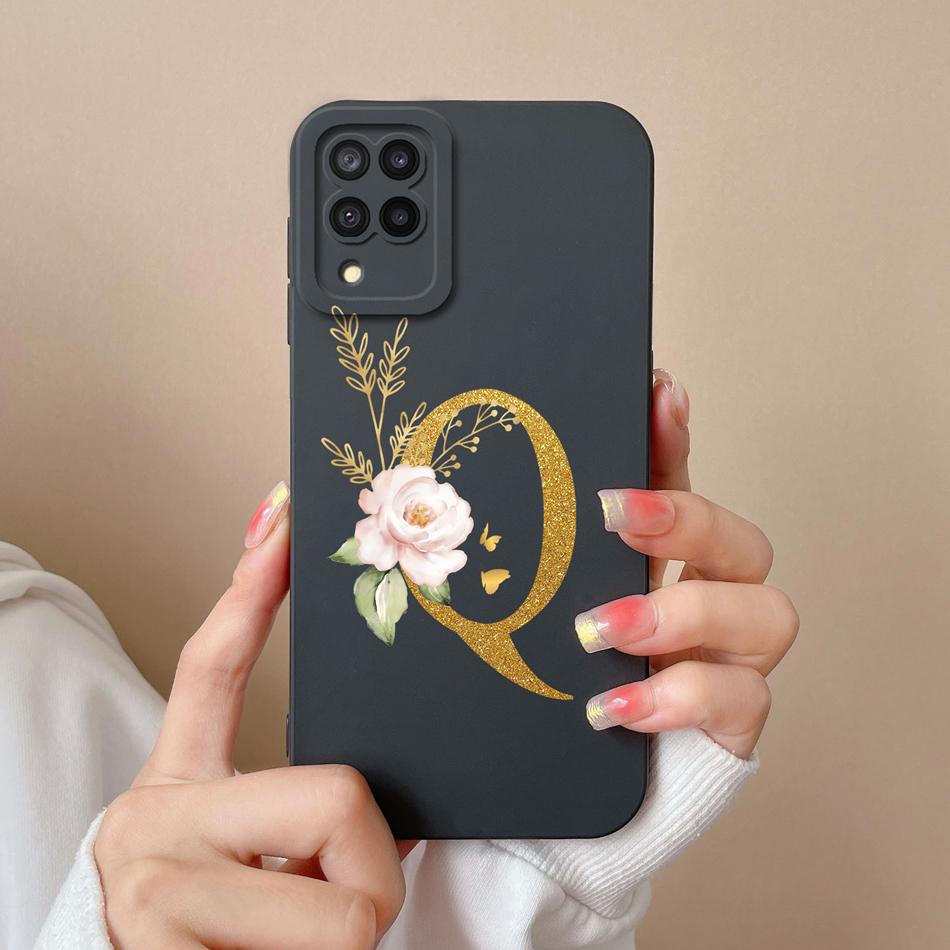 Elegant Case For Samsung M22 M32 4G 5G Rose Letter Phone Shell Lens Protective Cover For Galaxy M32 M22 Liquid Silicone Bumper