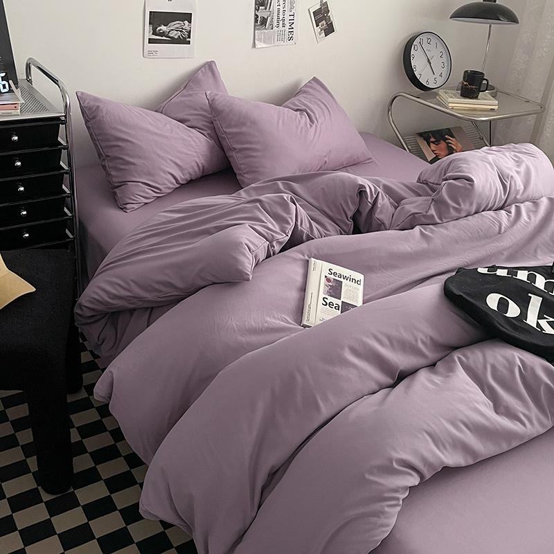 Bettwäsche-Set aus gewaschener Baumwolle 4-teilig Bettlaken-Set Einfarbig Bettbezug Paar Queen King Size Bett Steppdeckenbezug