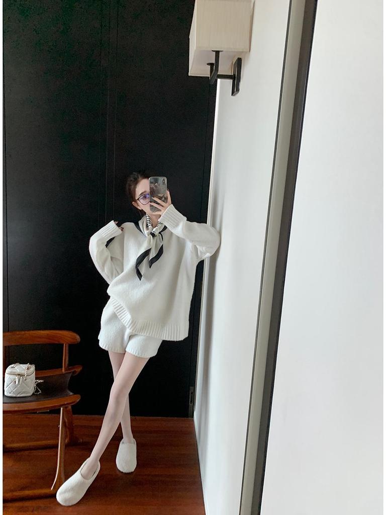 Women's Winter Black Knit Sweater and High-Waist Wide-Leg Shorts Two-Piece Set