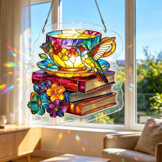Bookish Acrylic Puzzle Suncatcher, Stained Glass Style Window Hanging Ornament, Hummingbird Floral Book DIY Sun Catcher Kit for Home Decor,