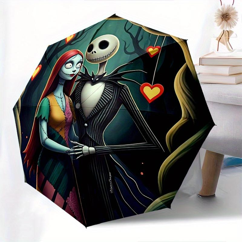 1 Automatischer Regenschirm mit 8 Speichen, Motiv Jack Skellington und Sally, Bunt, Tragbar, für Damen und Herren, Ein Kompakter Begleiter für den Weg zur Arbeit, Geeignet für Da