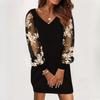 Autumn Women's V-Neck Long Sleeve Printed Lace Splicing Dresses