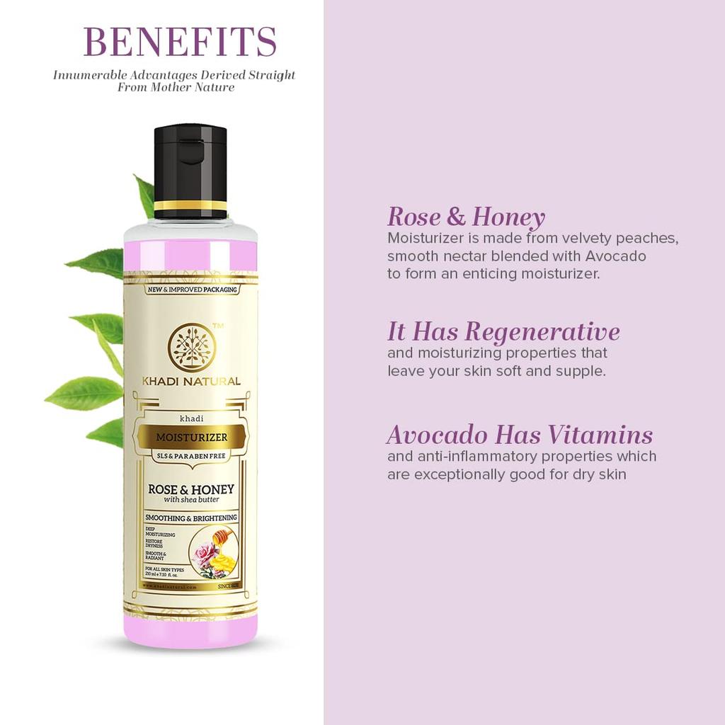 Khadi Natural Rose and Honey Moisturising Body Lotion 210ml Smooth Hydrating Non-Sticky Skin Care