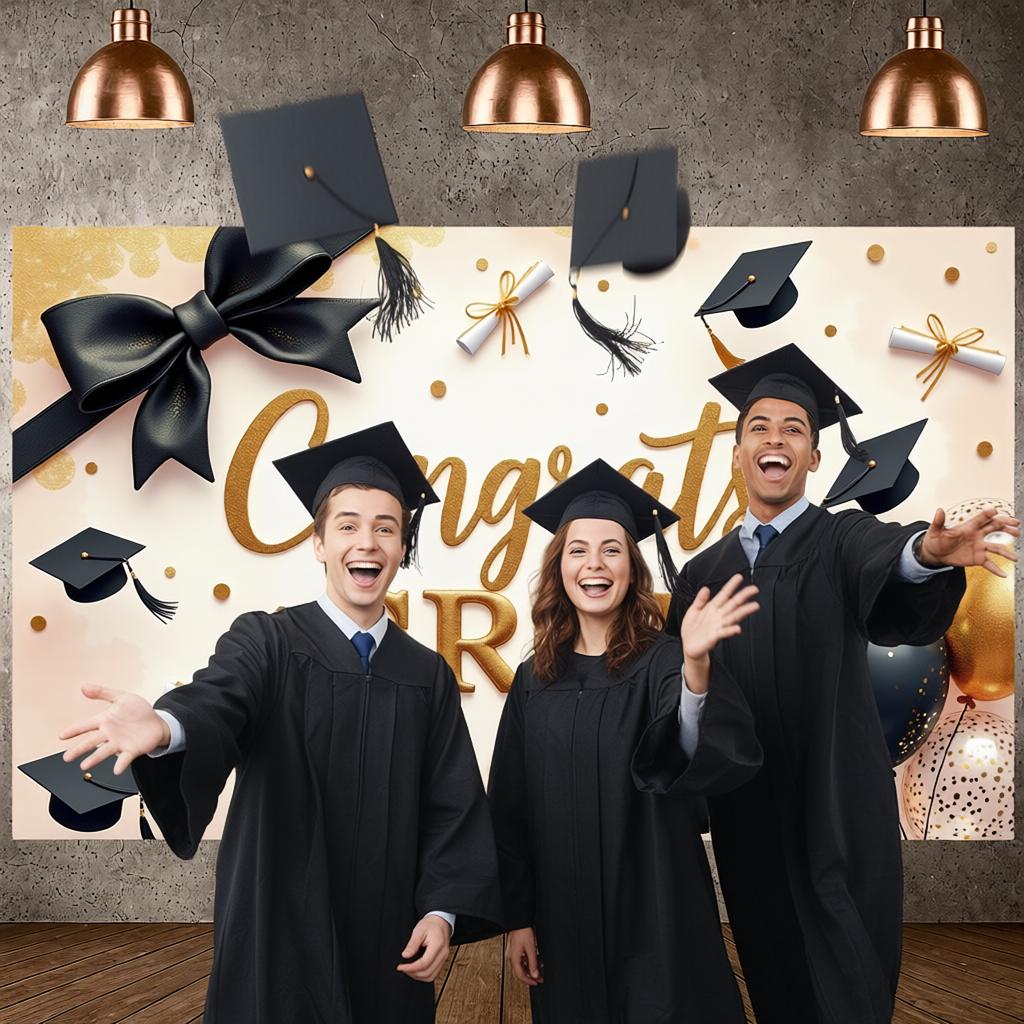 Congrats Grad Background Graduation Cap Grad Event Banner Graduation Celebration Banner Black Gold  Grad Party Banner