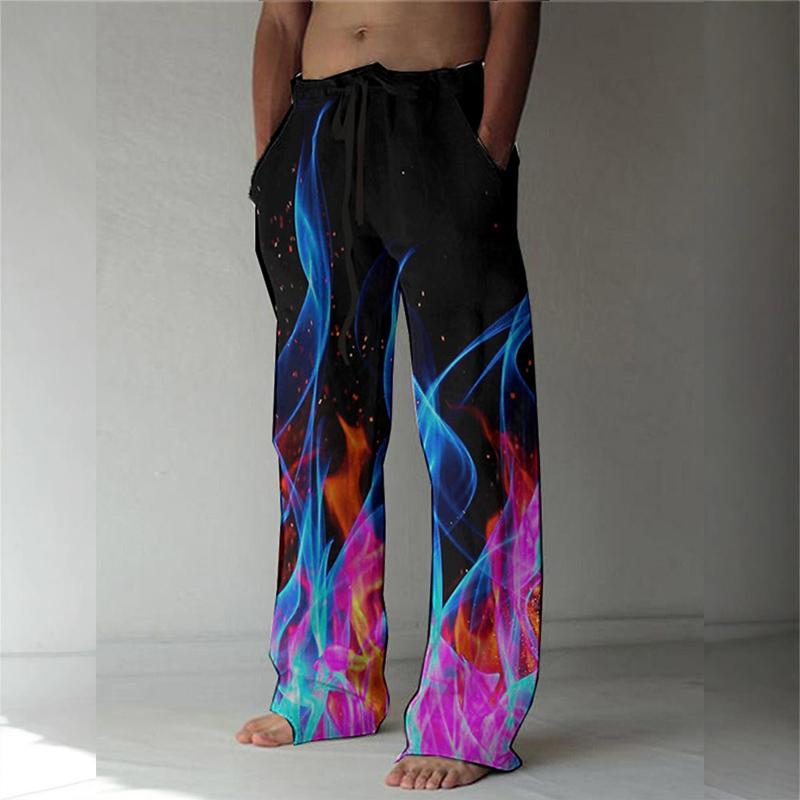 Plus Size New Men Trendy Streetwear Casual Pants Wide Leg 3D Digital Beach Linen Trousers for Men
