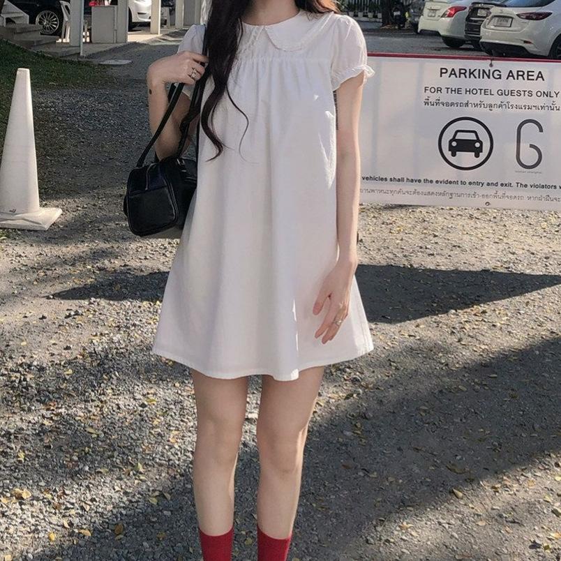 First love small white dress spring 2026 summer sweet age-reducing doll collar short-sleeved dress small loose skirt