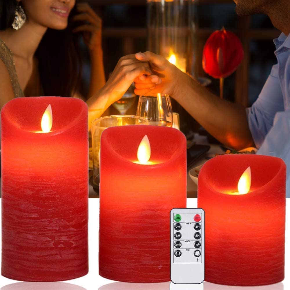 AnnTec LED Candle Light, Red, 3-Piece Set, Flickers Like a Real Flame, Warm Light, Flameless, Safe, Energy-Saving, Includes Remote Control,
