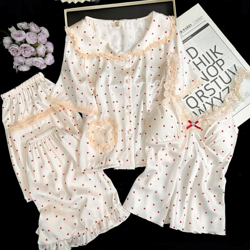 Cream Pink Polka Dot Ice and Snow Silk Casual Loungewear Short-sleeved Trousers Short Hanging Shorts Four-piece Set Sweet French