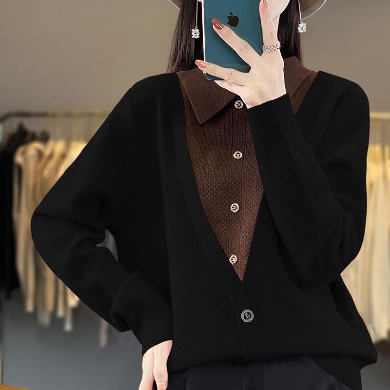 

24 новые осенне-зимние трикотажные свитера с круглым вырезом, с длинными рукавами, женские, в цветовой блок, с дизайном «два в одном», с кардиганом, свободный топ XXL