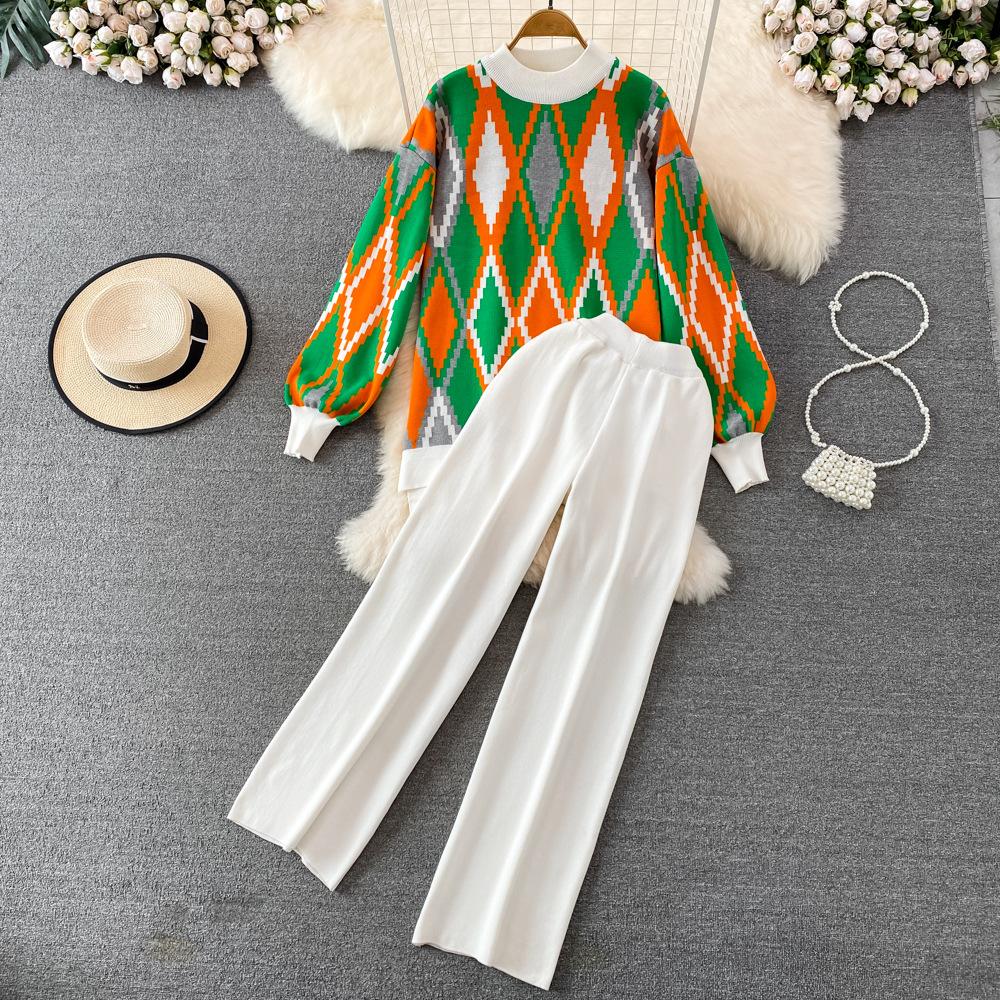 

Модный комплект женский осенне-зимний свободный клетчатый свитер с длинными рукавами комплект из двух предметов трикотажные прямые широкие брюки с высокой талией One size белый