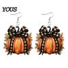 Autumn Theme Jewelry 1 Pair Pumpkin Earrings for Women, Acrylic Dangle Drop Cute with Plaid Bow, Halloween Fall Holiday Party Lightweight Accessories